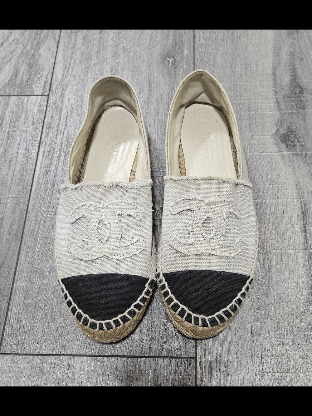 CHANEL Cream Canvas Espadrilles with Black Cap Toe